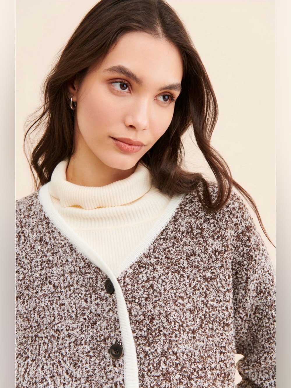 Anthropologie Flat White sweater Cozy Brown & Cream Speckled Button Cardigan - Picture 2 of 8